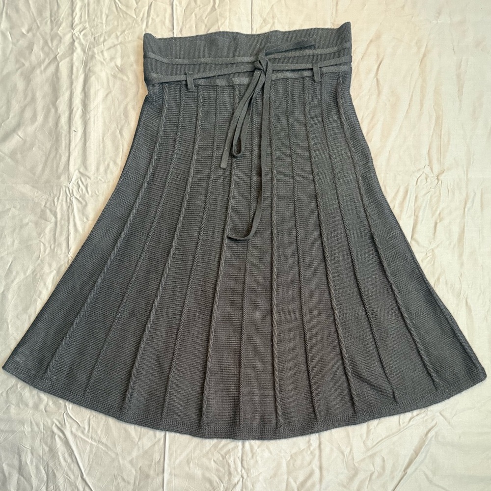 Lapis Black Ribbed Knit A-Line Skirt | Tie Waist | Size M